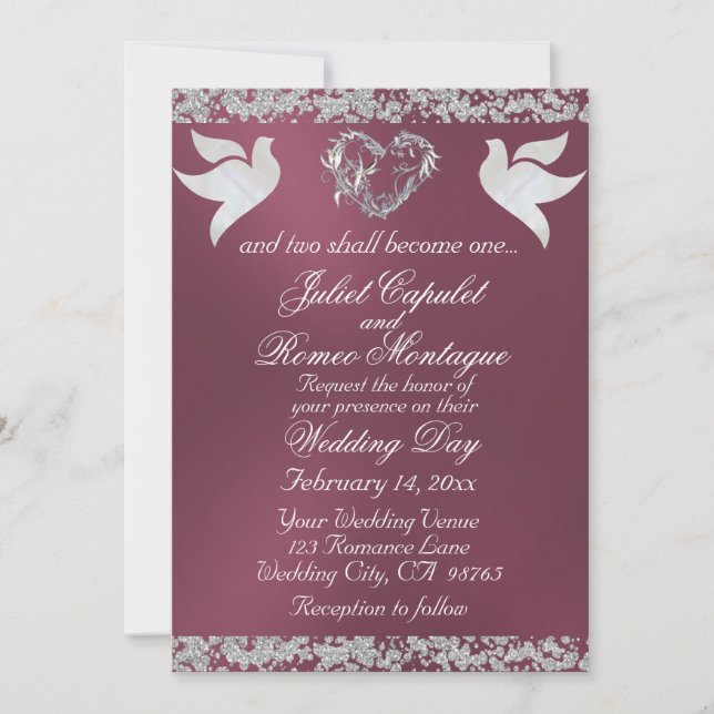 Dove, Silver Heart & Glitter, QR Code - Lavender Invitation (Front)