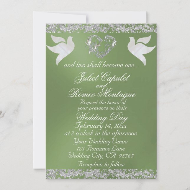 Dove, Silver Heart & Glitter, QR Code - Sage Invitation (Front)