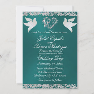 Dove, Silver Heart & Glitter, QR Code - Teal Invitation
