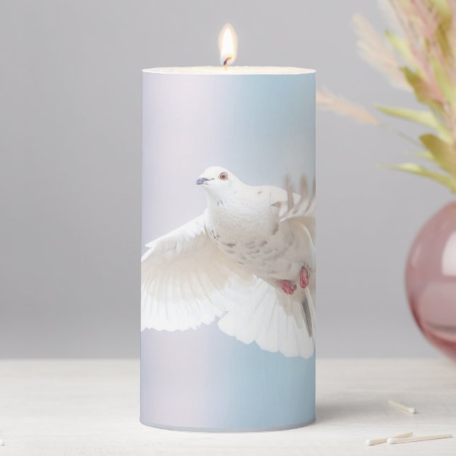 Dove White Feather Flying Bird Photography  Pillar Candle (In Situ)
