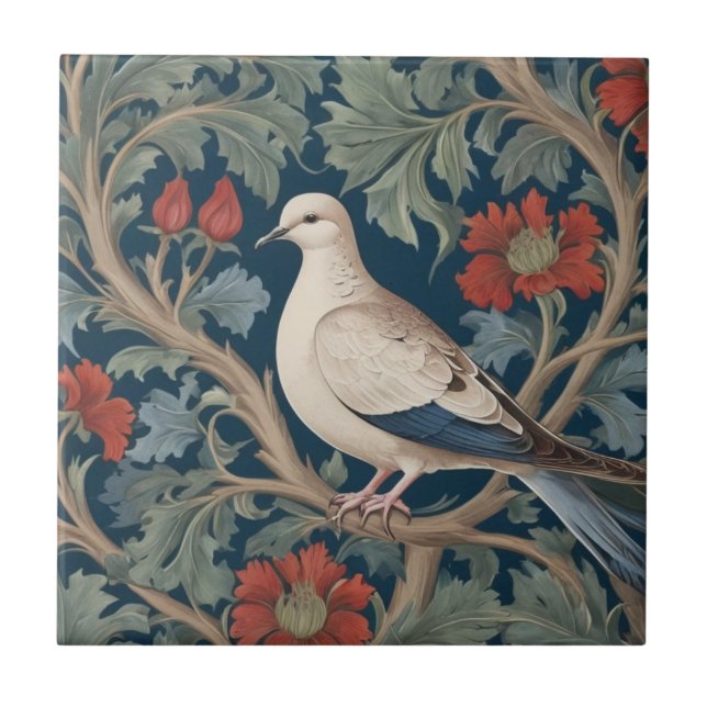 Dove William Morris style Left facing Bird Ceramic Tile (Front)