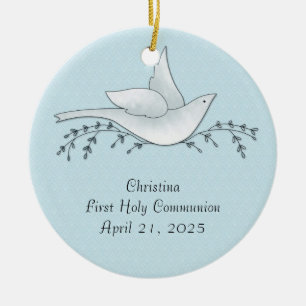 Dove with Branches, Blue, First Communion Ceramic Ornament