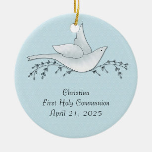 Dove with Branches, Blue, First Communion Ceramic Ornament