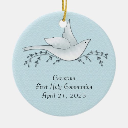 Dove with Branches Blue First Communion Ceramic Ornament