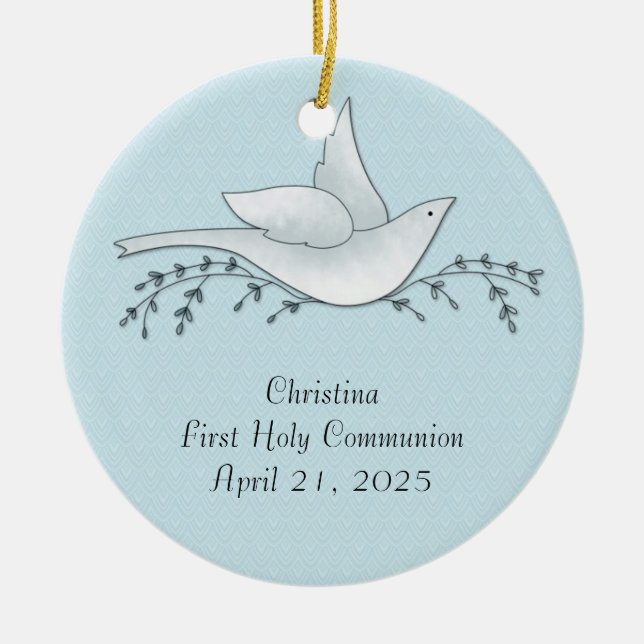 Dove with Branches, Blue, First Communion Ceramic Ornament (Front)