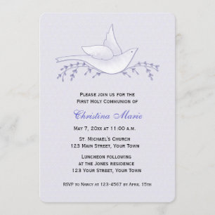 Dove with Branches, Lilac, First Communion Invitation