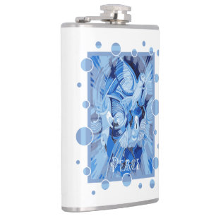 Dove With Celtic Peace Text In Blue Tones Flask