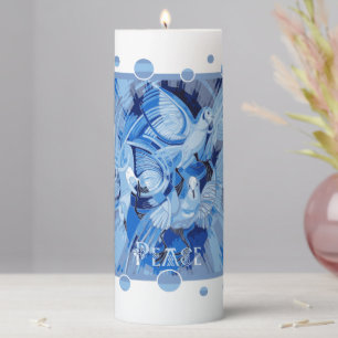 Dove With Celtic Peace Text In Blue Tones Pillar Candle