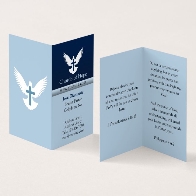 Dove with Cross Blue Vertical Folded Business Card (Inside and Outside)