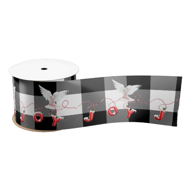 Dove with Joy Text on Buffalo Plaid Satin Ribbon (Spool)