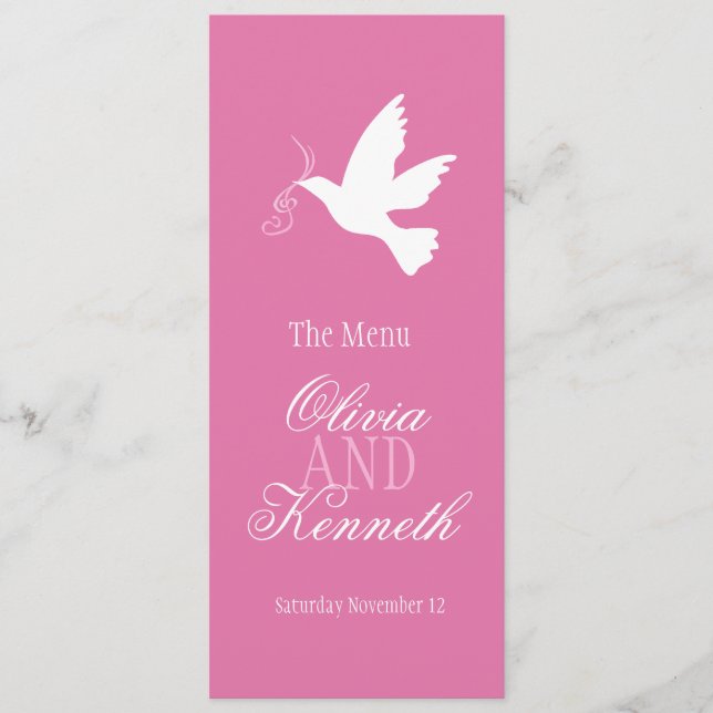 Dove with ribbons pink & white wedding dinner menu (Front)