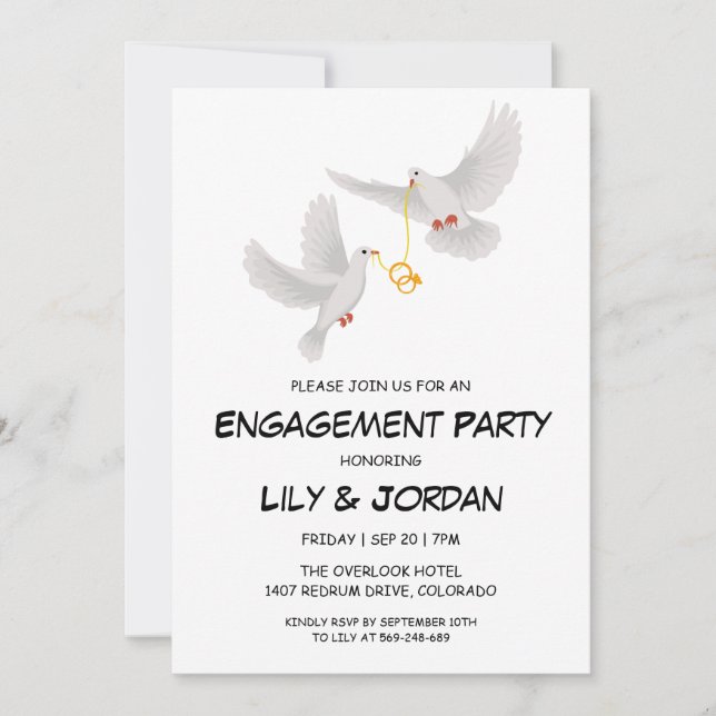 Dove with wedding ring cartoon engagement invitation (Front)