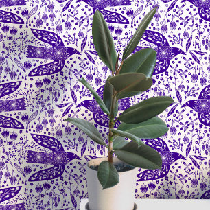 Doves and Flowers Purple and White Bird Art Wallpaper