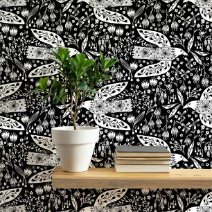 Doves and Flowers White on Black Bird Art Wallpaper