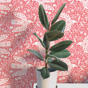 Doves and Flowers White on Coral Bird Art Wallpaper