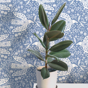 Doves and Flowers White on Dusty Blue Bird Art Wallpaper