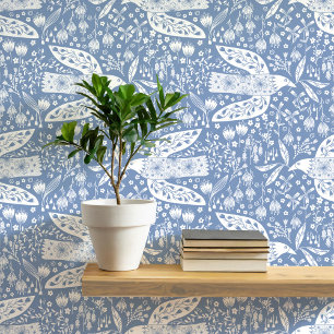 Doves and Flowers White on Dusty Blue Bird Art Wallpaper