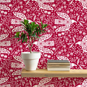 Doves and Flowers White on Red Bird Art Wallpaper