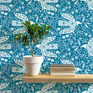 Doves and Flowers White on Teal Green Bird Art Wallpaper