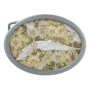 Doves and Lilies Floral & Birds Art Nouveau Belt Buckle