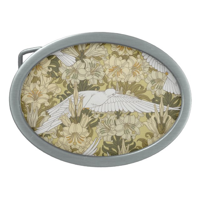 Doves and Lilies Floral & Birds Art Nouveau Belt Buckle (Front)