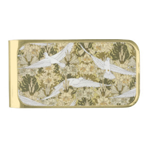 Doves and Lilies Floral & Birds Art Nouveau Gold Finish Money Clip