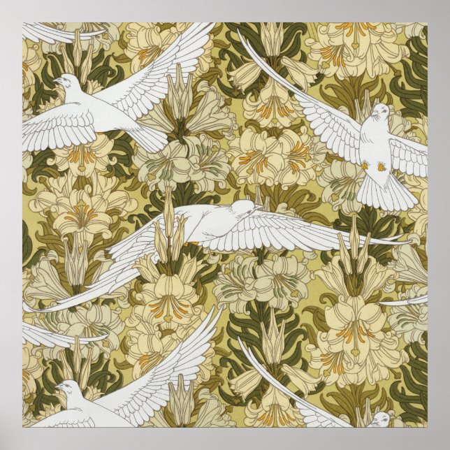 Doves and Lilies Floral & Birds Art Nouveau Poster (Front)