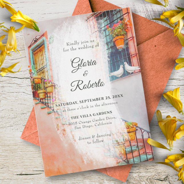 Doves and Old Town Balcony Scene Mexican Wedding Invitation (Creator Uploaded)