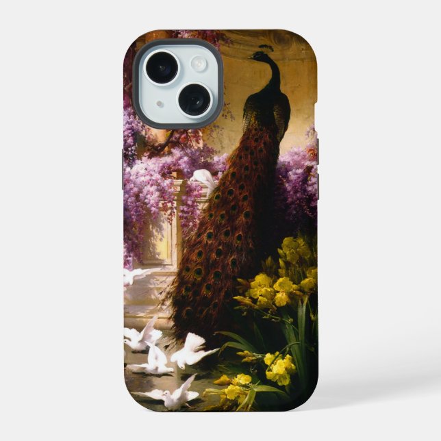 Doves and Peacocks in a Garden  iPhone 15 Case (Back)