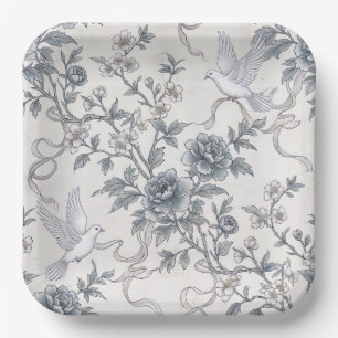 Doves and Peony Flowers with Ribbons Paper Plates