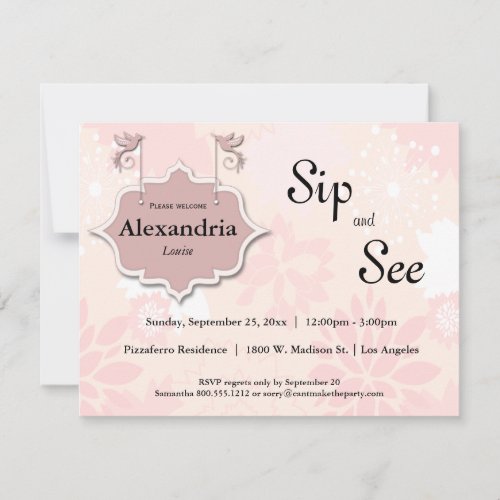 Doves And Pink Floral Sip And See Baby Invite