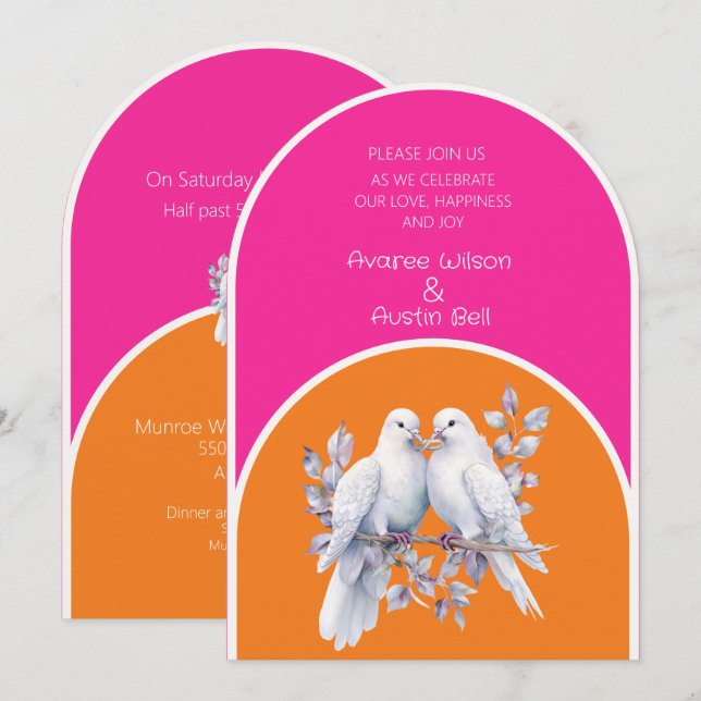 Doves and Rings Hot Pink and Tangerine Arched Invitation (Front/Back)