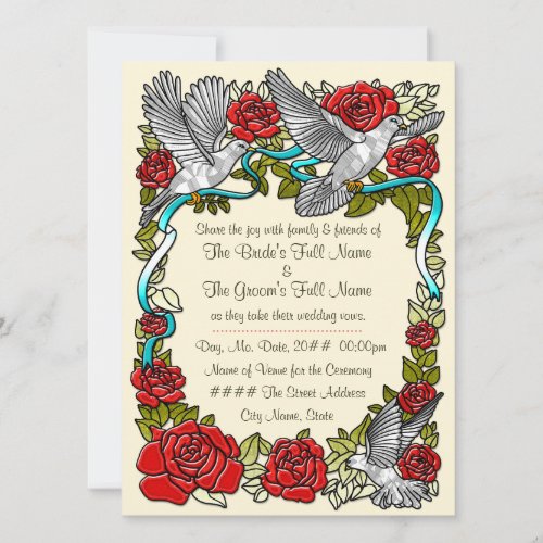 Doves and Roses in Cream Wedding Invitation Invitation