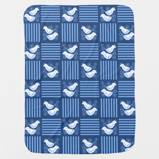 Doves and Snow Winter Blue Reversible Baby Blanket (Front)