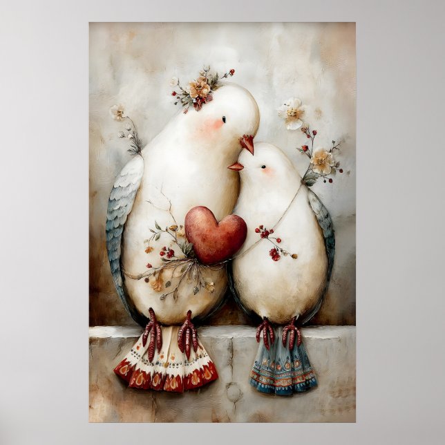 Doves Couple Wall Art, Romantic Dove Illustration Poster (Front)