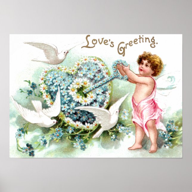 Doves, Cupid, Key and Heart Vintage Valentine Poster (Front)