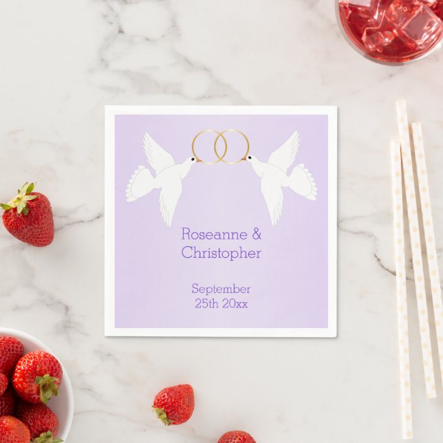 Doves Design Lilac Coloured Wedding Napkins (Insitu)