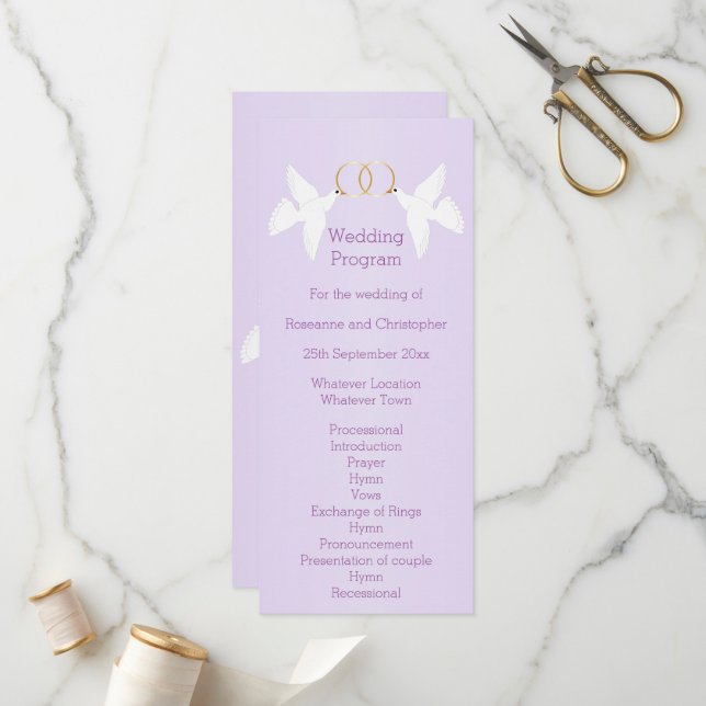 Doves Design Lilac Coloured Wedding Program (Front/Back In Situ)