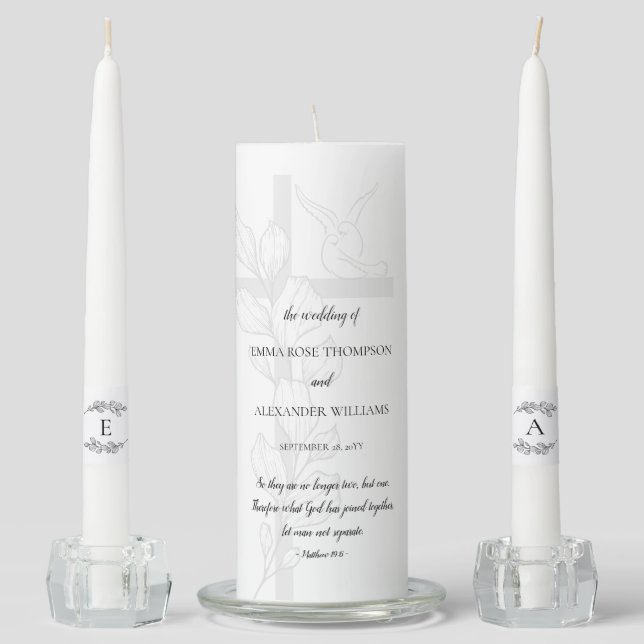 Doves Elegant Christian Bride and Groom Initials Unity Candle Set (Front)