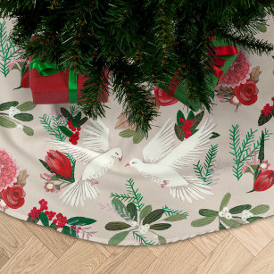Doves floral Christmas beige Brushed Polyester Tree Skirt