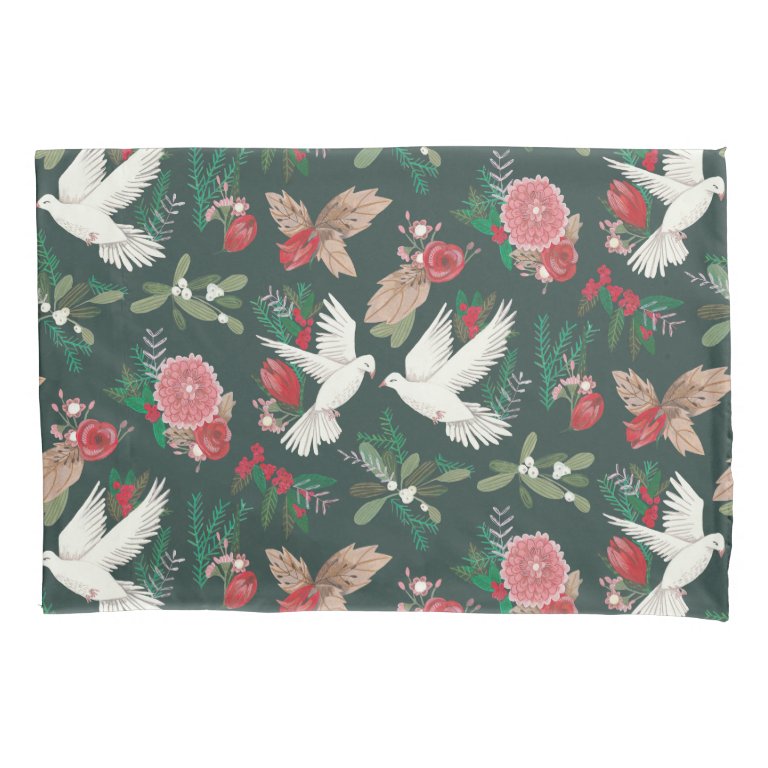 Doves floral Christmas green beige Pillow Case
