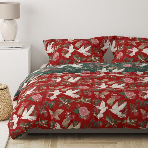 Doves floral Christmas red green Duvet Cover