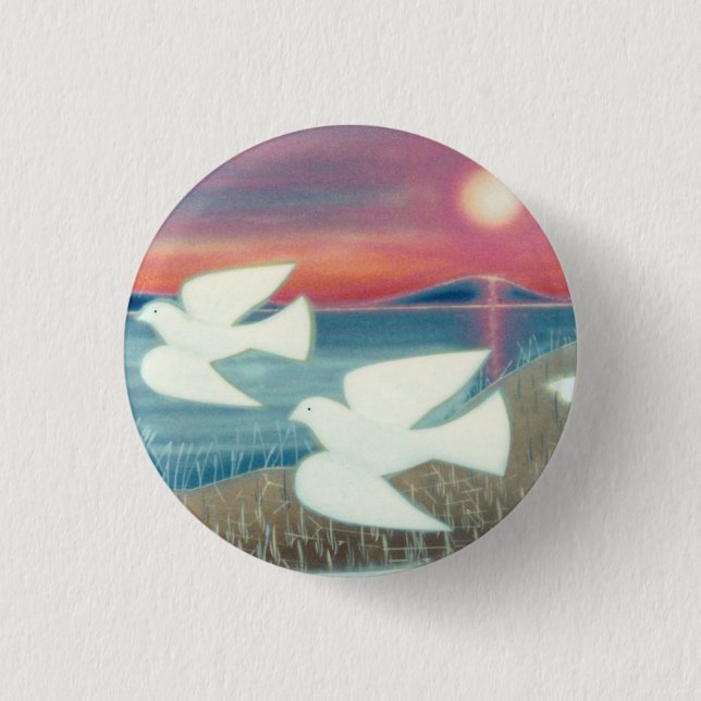 Doves Flying Landscape Scene Button (Front)