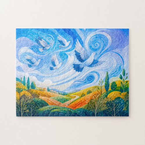 Doves gliding in wind over hillside outskirts jigsaw puzzle