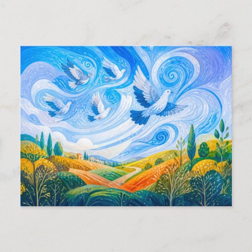 Doves gliding in wind over hillside outskirts postcard