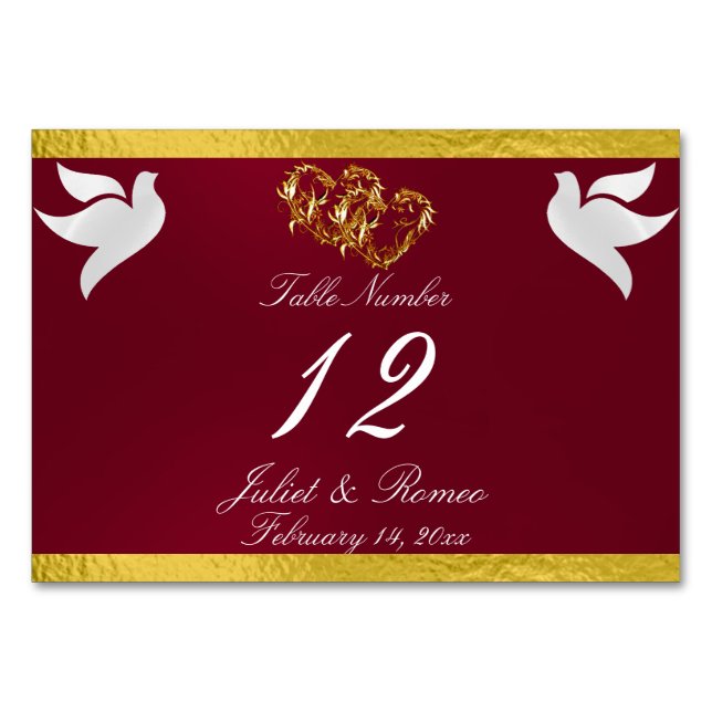 Doves & Heart - Burgundy/Gold Table Number (Front)