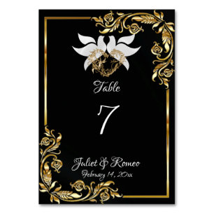 Doves, Heart & Gold Frame on Black Table Number