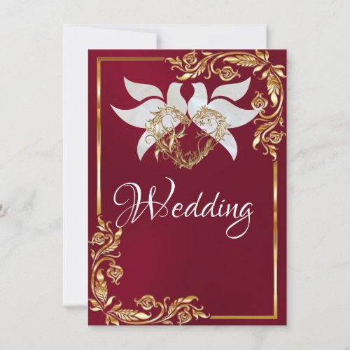 Doves Heart  Gold Frame on Burgundy Invitation