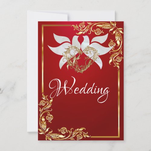 Doves Heart  Gold Frame on Crimson Red Invitation