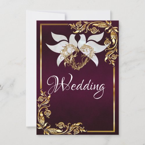 Doves Heart  Gold Frame on Dark Purple Invitation